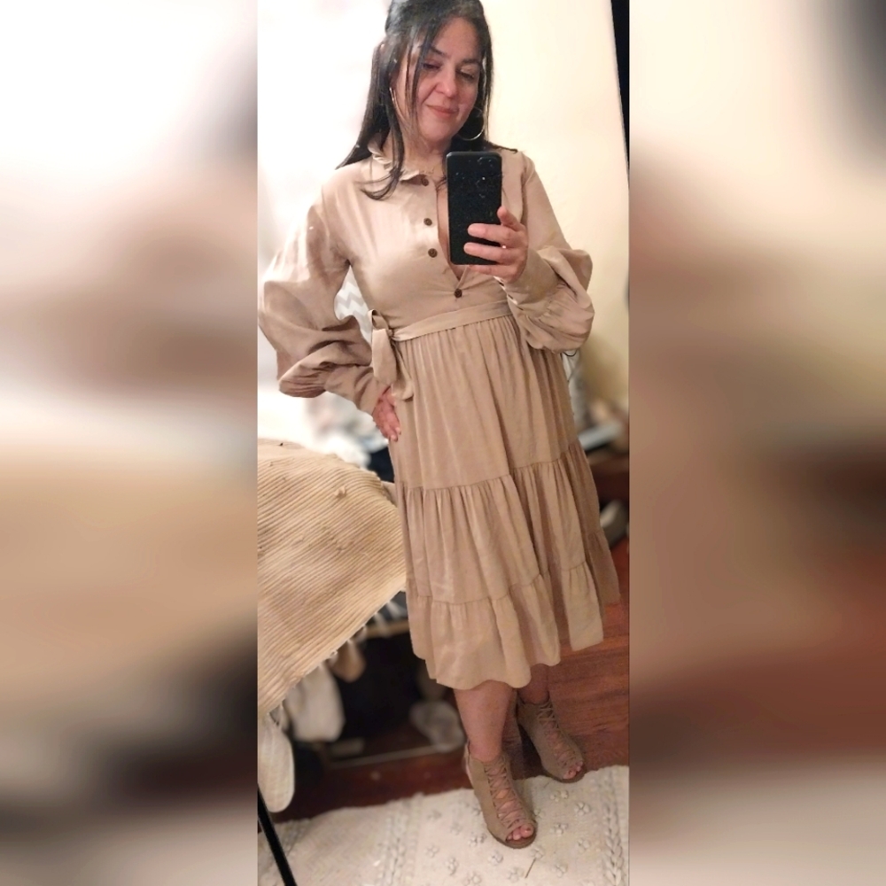 Midi Prairie Dress Tan Ruffled Skirt and Collar